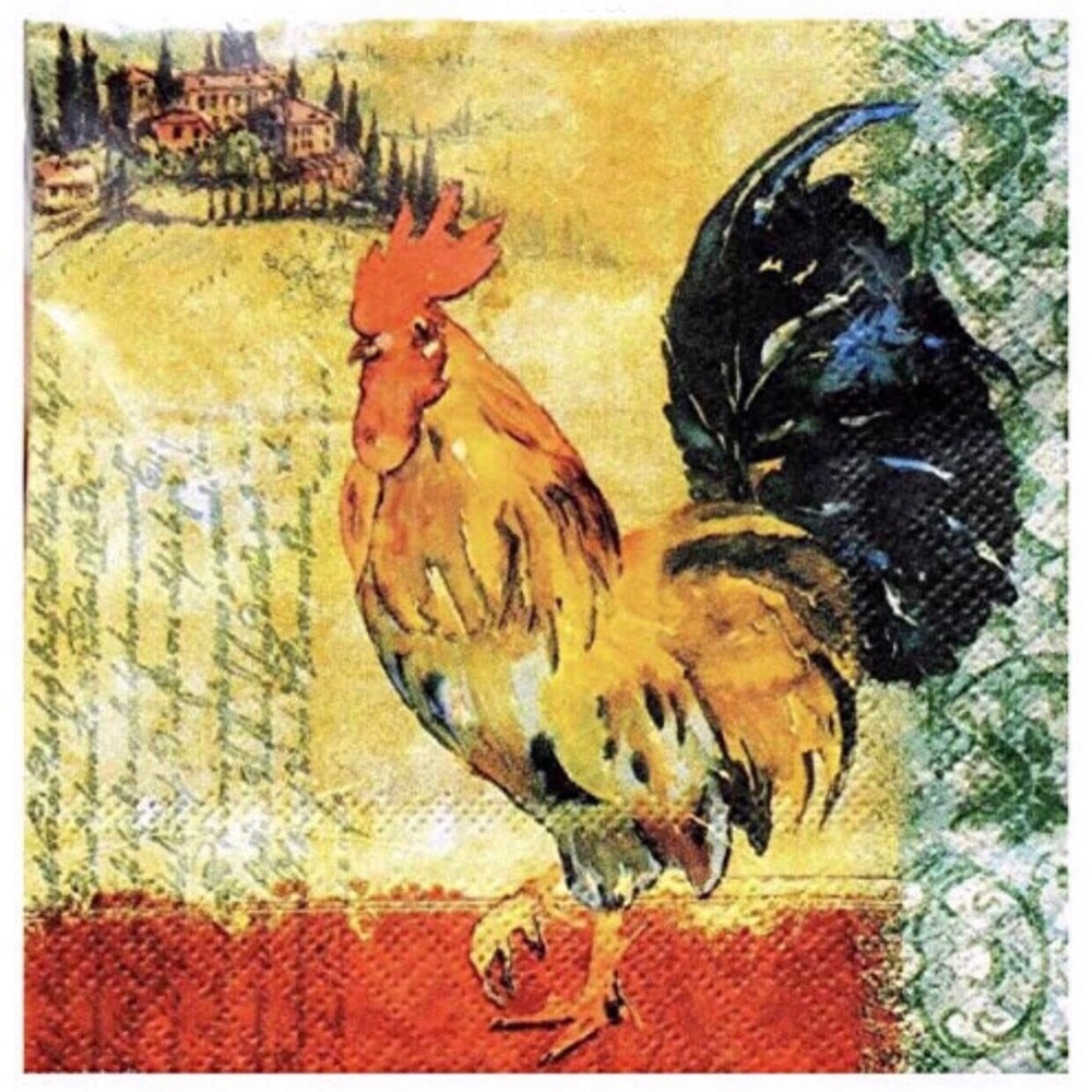 Two (2) INDIVIDUAL Tuscan Rooster Decoupage Cocktail Size Napkins by Blueink
